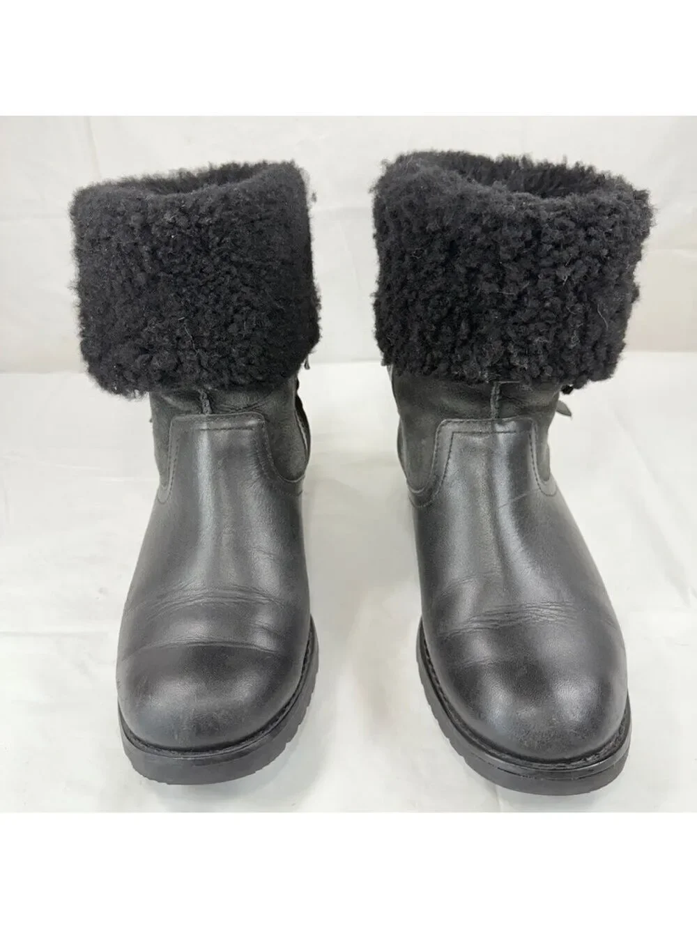 UGG Black Bellevue 1914 Leather Shearling Zip Fold Over Moto Boots Sz 6
